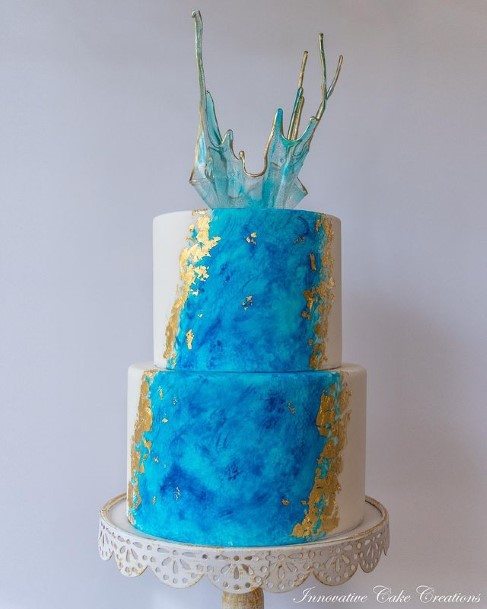 Light Blue And Gold 2 Tier Wedding Cake