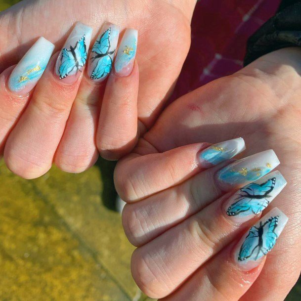 Light Blue Butterfly Nails Women