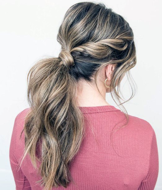 Light Brown Long Hair With Twist Into Messy Ponytail