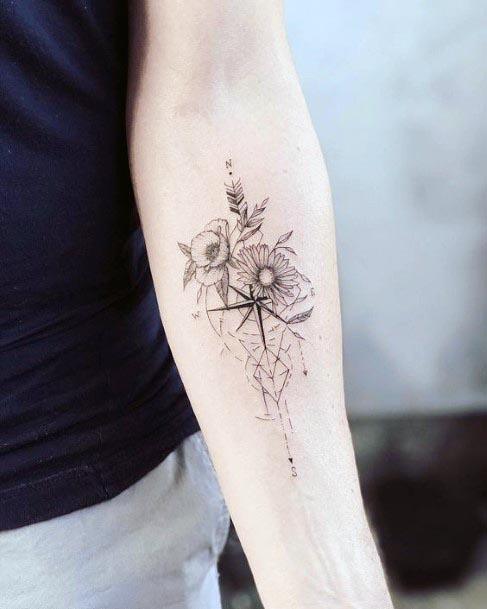 Light Flowers And Compass Tattoo Womens Forearms