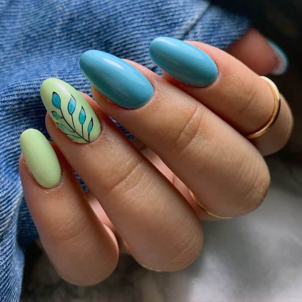 Light Green And Blue Leaf Pattern Almond Nails