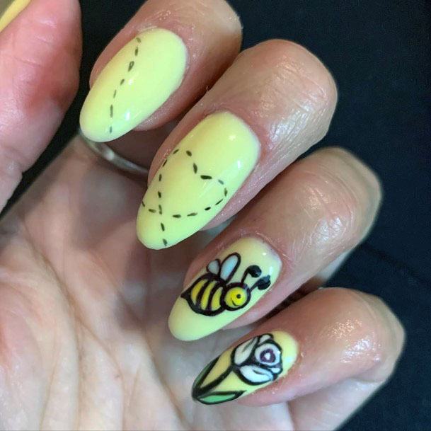 Light Green Nails With Bee For Women