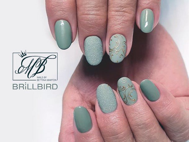 Light Green Nails With Gold Leaf Design Women