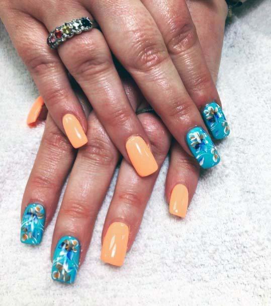 Light Orange And Blue Blossoms Nails For Women