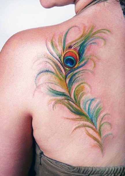 Light Peacock Feather Tattoo Womens Back