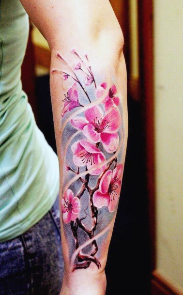Light Pink And Grey Cherry Blossom Tattoo Womens Arms
