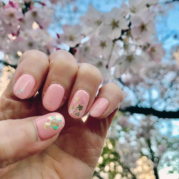 Light Pink Glitter Nails Women Spring