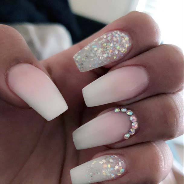 Light Pink Gradient Color On Nails With Rhinestones