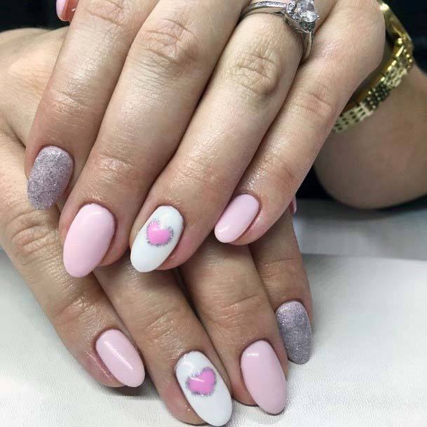 Light Pink Hearts On White Nails