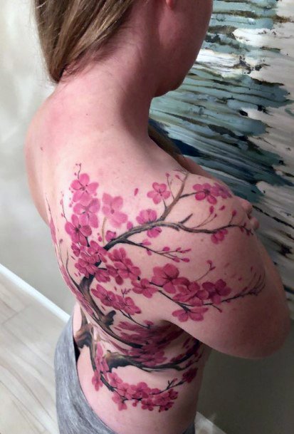 Light Pink Tree Tattoo Womens Back