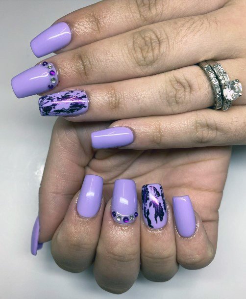 Light Purple Square Nails With Crystals