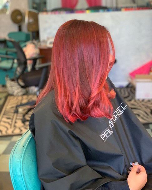 Light Red Highlights On Medium Autumn Brown Shoulder Length Hair