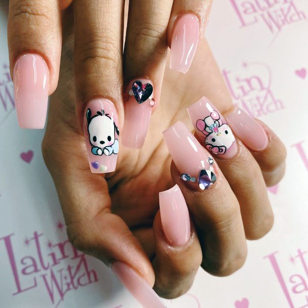 Light Transparent Pink Hello Kitty Nails