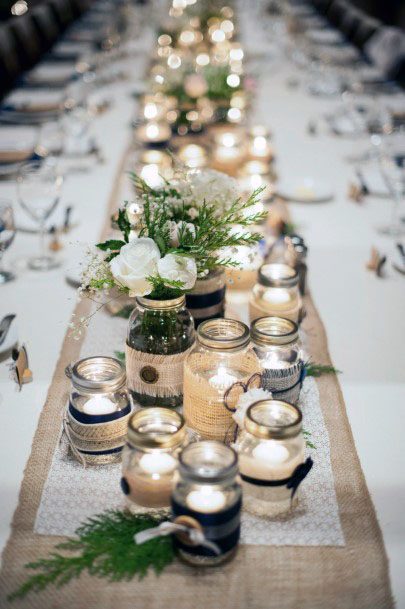 Lighted Mason Jars On Table Runner Wedding Decorations