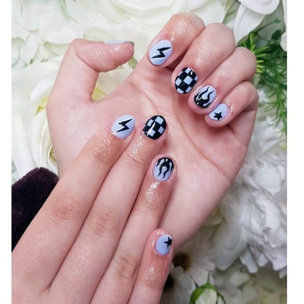 Lightening And Bolt Checkered Black White Nails Women