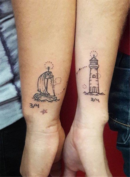 Lighthouse And Floating Boat Tattoo For Couples Forearms