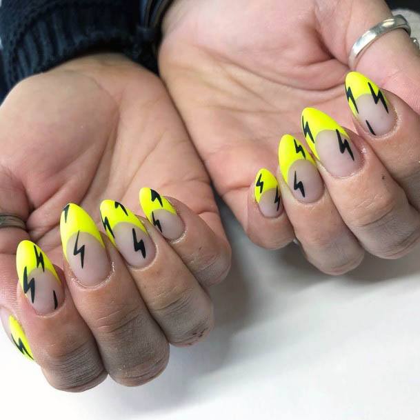 Lightning Art On Neon Yellow Nails Women