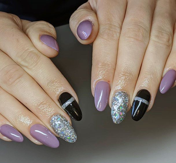 Lilac Silver And Black Nail Art For Women