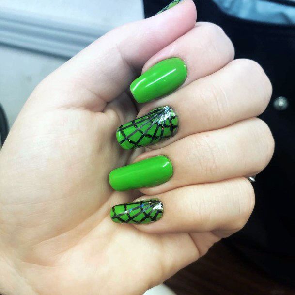 Lime Green Nails With Black Webs