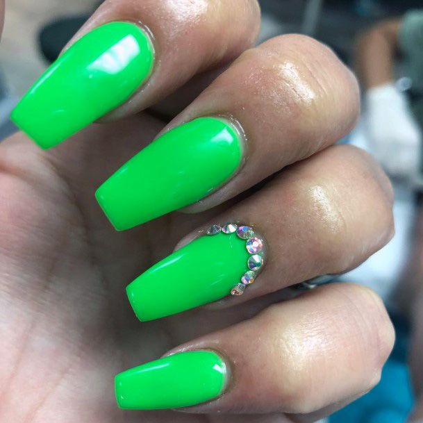Lime Green Nails With Crystal