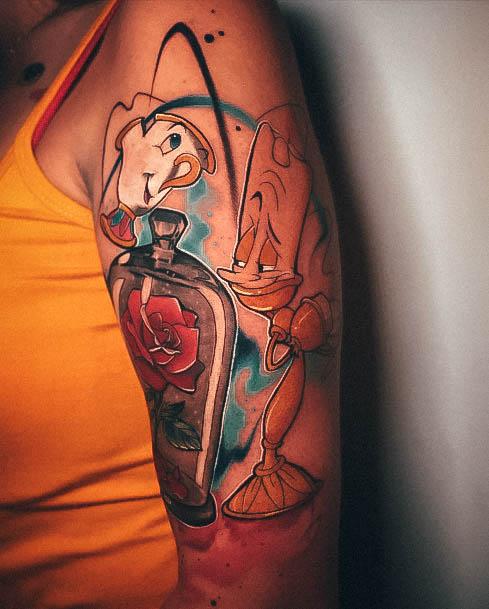 Line And Dot Color Half Sleeve Coolest Womens Beauty And The Beast Tattoos