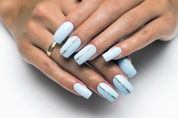 Line Of Crystals On White Square Nails