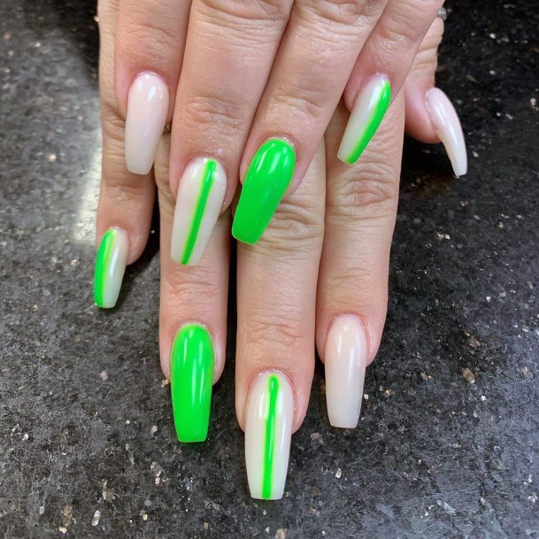 Lined White And Neon Green Nails