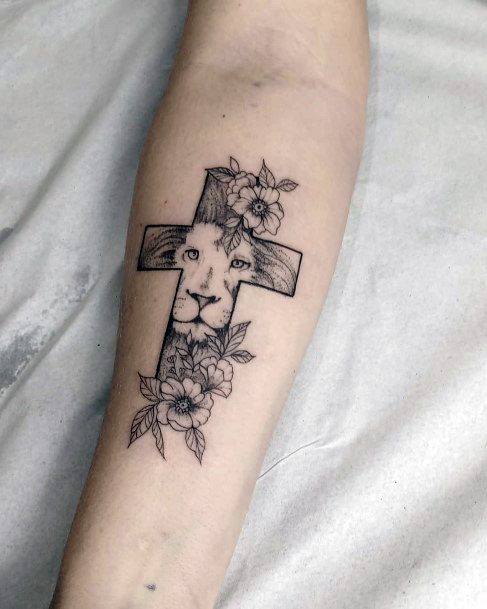 Lion On A Cross Women Tattoo On Arms