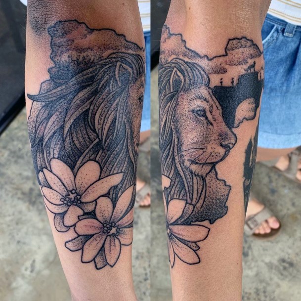 Lion Tattoo On Both Legs Women