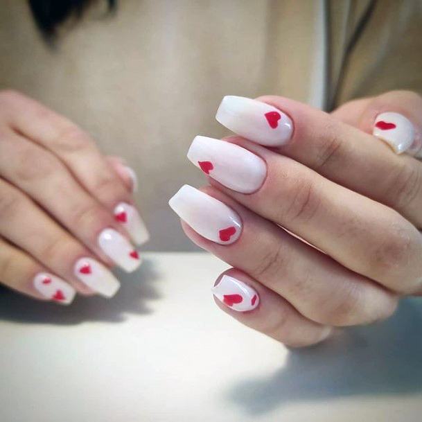 Little Red Romantic Heart On White Nails Women