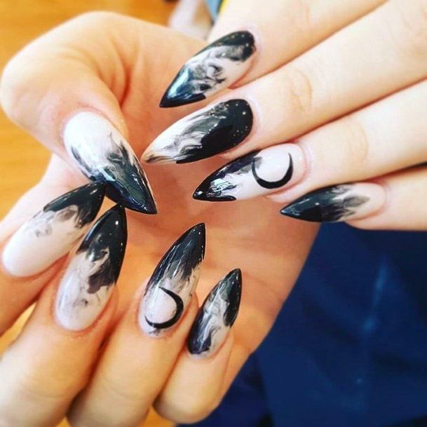 Long Almond Black And White Moon Nail Women