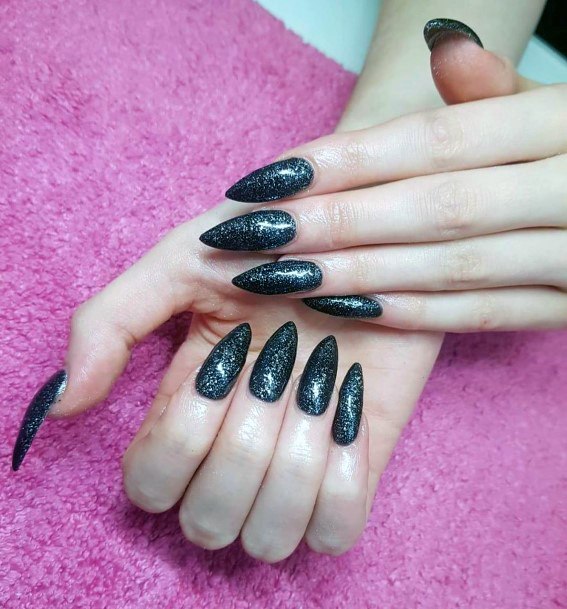 Long Almond Black Sparkly Dazzling Nail Design For Women