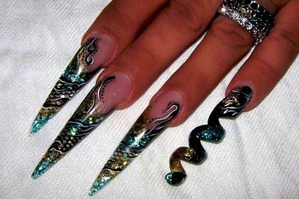 Long Black Decorated Nails Curly For Women