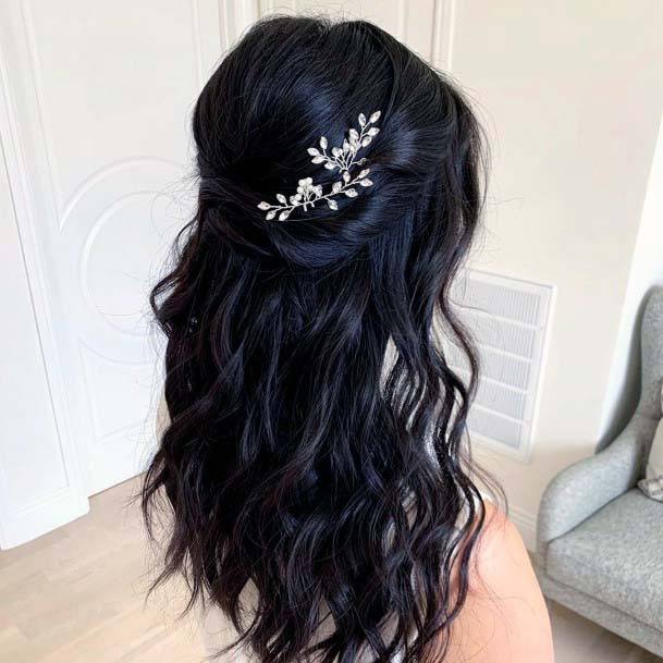 Long Black Hair With Wavy Curls And Half Up Secured With Formal Hairpiece