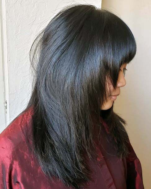 Long Black Hassle Free Hair Cut For Women With Bangs