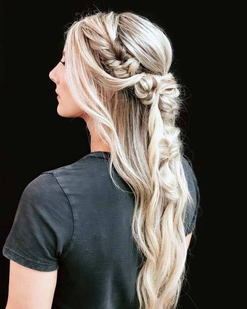 Long Blonde With Double Dutch Fishtail Pullback And Long Wavy Hair