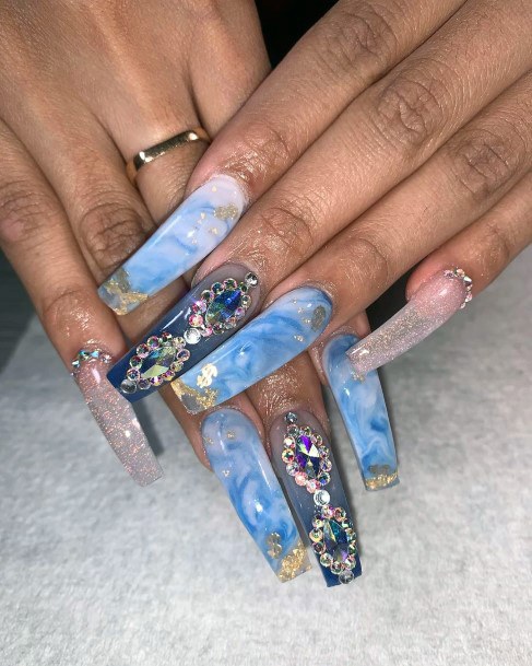 Long Blue Marble Nails With Stones Women