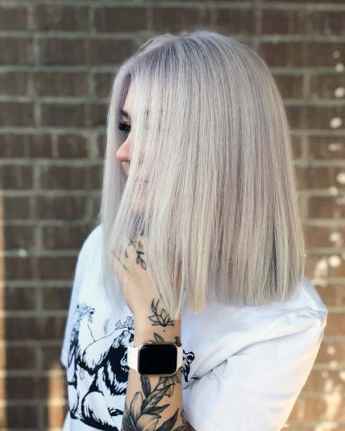 Long Bob Woman With Silver Blonde Hair Straight Pretty Style