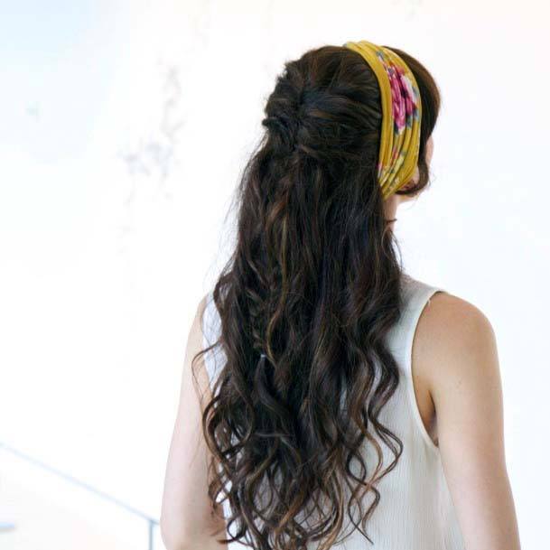 Long Cascading Curls On Dark Brown Hair And Yellow Headband
