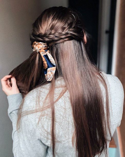 Long Chestnut Brown Hair Half Up Pull Back With Braids And Secured With Scarf