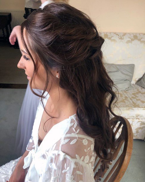 Long Chestnut Brown Hair With Half Pull Back And Tendrils