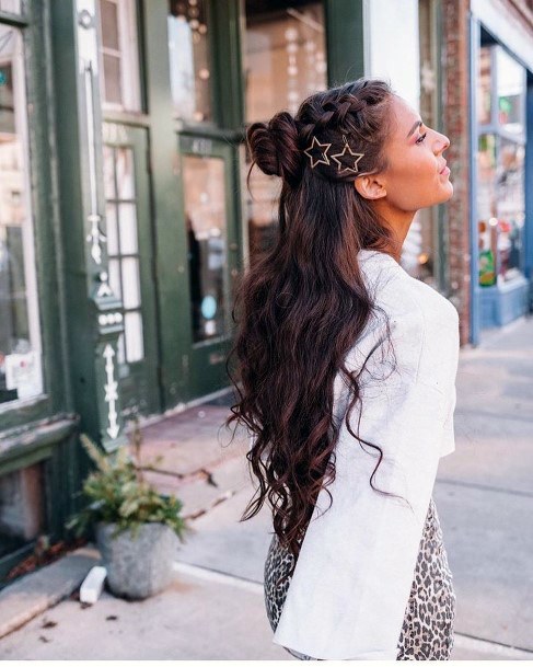 Long Chestnut Brown With Large Curls And Double Dutch Braid Center Bun