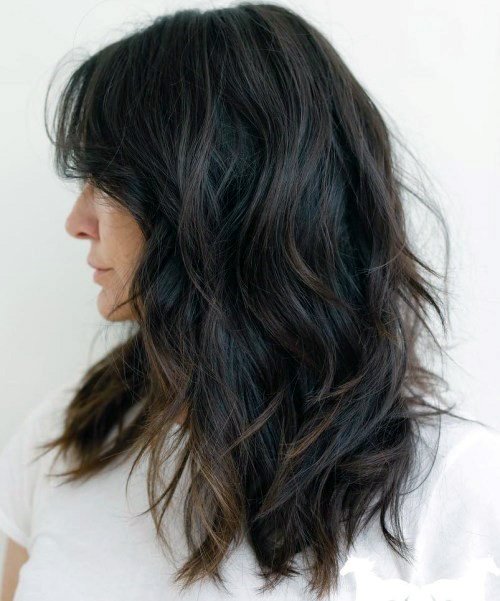 Long Chocolate Thick Hair With Messy Waves And Long Bangs