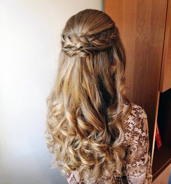 Long Dark Blonde Updo Half Up Secured With Braids Into Long Curls