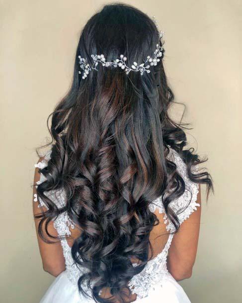 Long Dark Brown Formal Hairstyle Large Curls And Pearl Wrap Crown