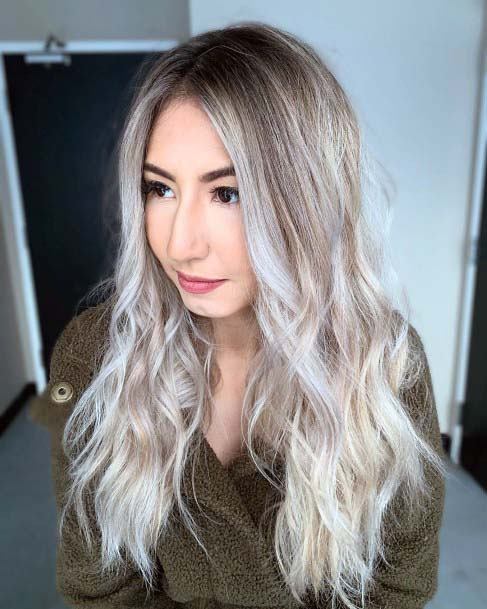 Long Dark Rooted Ashy Platinum Blonde Wavy Womens Hairstyle Idea