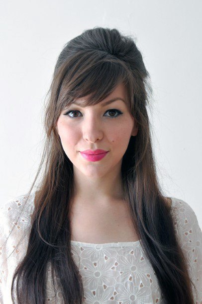 Long Deep Brown Hair With Small Bouffant And Half Tie Back And Bangs