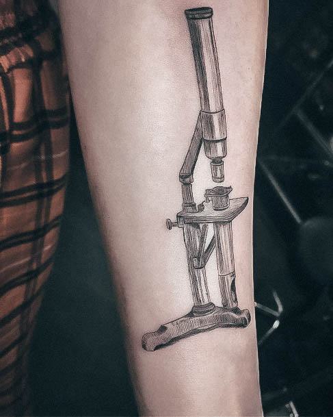 Long Detailed Forearm Girl With Graceful Microscope Tattoos