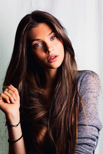 Long Espresso Brown Hair With Center Part On Female