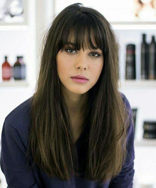 Long Espresso Straight Brown Hair With Long Eye Level Bangs Long Face